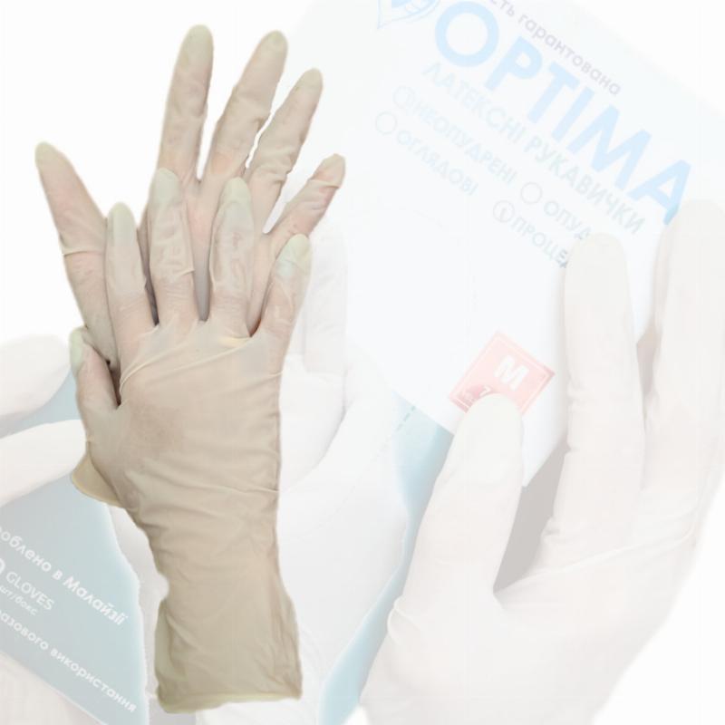 Рукавички латексні, оглядові, нестерильні, припудрені, М, Optima